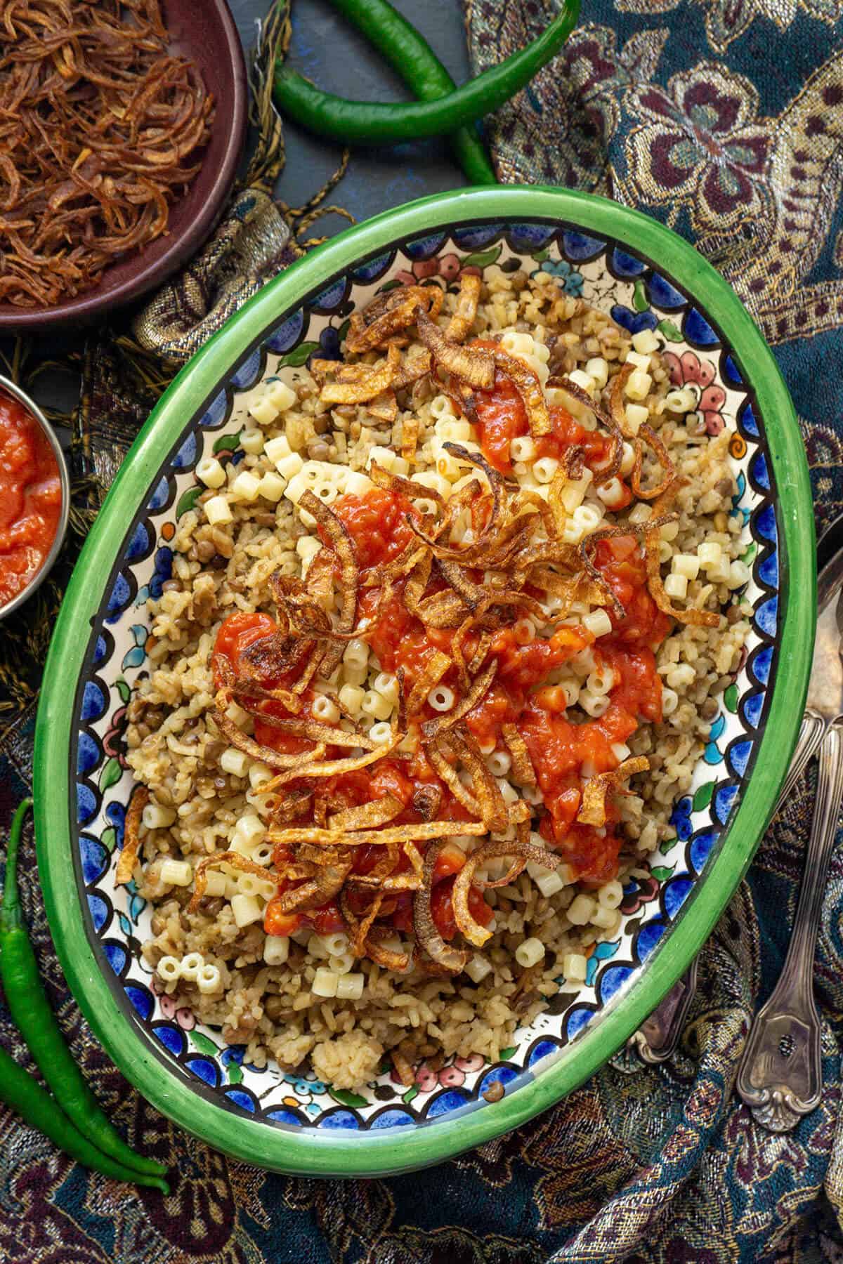 Kushari - Egyptian Rice, Lentils, and Pasta With Spicy Tomato Sauce ...