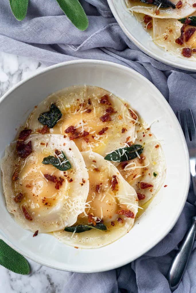 easy butternut squash ravioli with crispy sage browned butter sauce and bacon