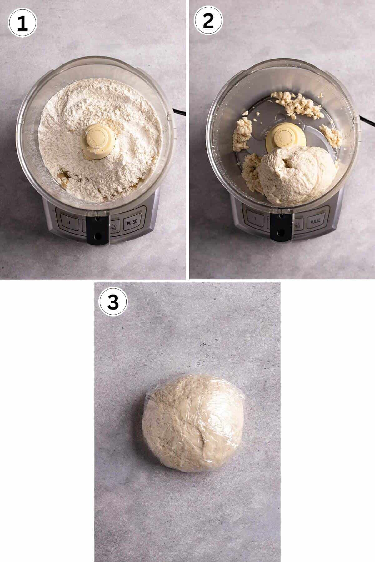 steps in making bolani dough in the processor and the dough ball wrapped in plastic.