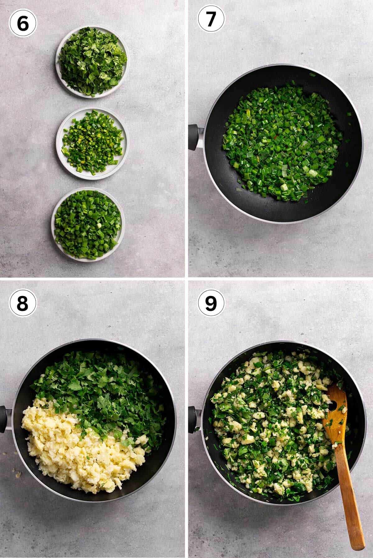chopped cilantro, chili peppers, and green onion on plates, a pan showing how to cook the ingredients.