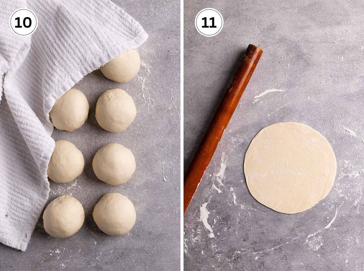 eight dough balls and one circle of rolled out dough with a rolling pin.