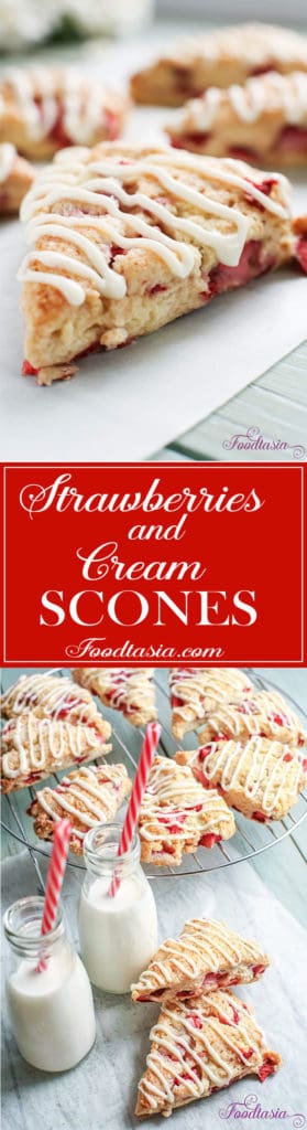 Bursting with fresh, juicy strawberries, these Strawberries and Cream Scones with Cream Cheese Glaze are perfect for breakfast or afternoon tea!