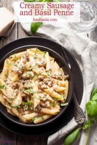 Creamy, Cheesy Sausage and Basil Penne is comfort food at its best. #sausage #pasta #creamy #under30minutes #easy #quick #dinnerrecipes #dinnerparty #recipes #sausagepasta #dinner