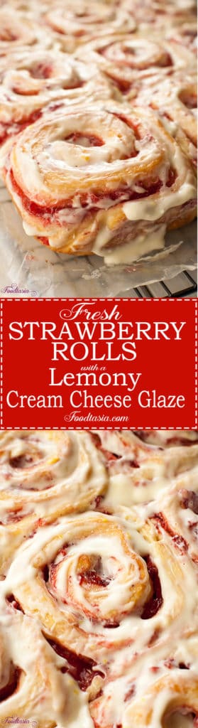 A soft, tender roll enveloping a sweet and tangy fresh strawberry swirl, topped with a cream cheese glaze with a hint of lemony citrus. Fresh Strawberry Sweet Rolls with a Lemony Cream Cheese Glaze make a delightful breakfast.
