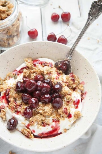 Roasted Cherry Greek Yogurt Bowl | Foodtasia