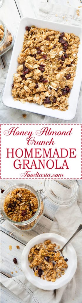 Crunchy clusters of honey sweetened granola made with dried cherries, whole rolled oats, slivered almonds, pepitas, and coconut, roasted with a touch of cinnamon, this Honey Almond Crunch Homemade Granola is wonderfully delicious!