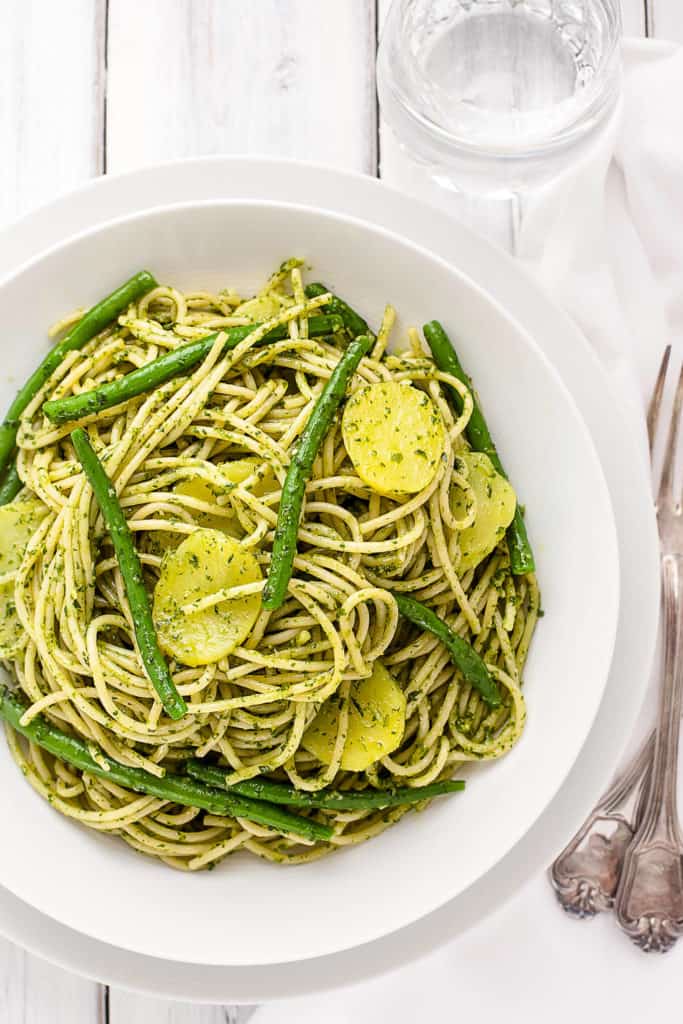 Pasta with Pesto, Green Beans, and Potatoes is the classic Genoese pasta dish. According to Marcella Hazan, there is no single dish more delicious in the entire Italian pasta repertory.