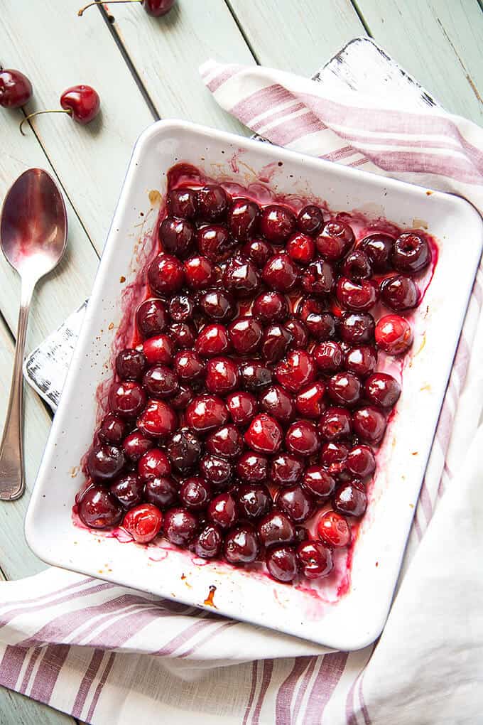 Roasted Cherries are absolutely magical! Their flavor and sweetness intensifies and they come out shiny and glistening and gorgeous!