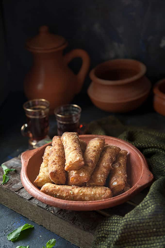 Cheese Sambousek - Crispy, chewy Middle Eastern cheese rolls filled with herbed Egyptian white cheese and mozzarella.