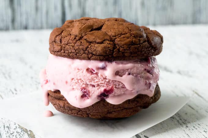 Chewy, Triple Chocolate Cookie and Dreamy Cherry Ice Cream Sandwiches make a wonderfully delicious and decadently indulgent combination!