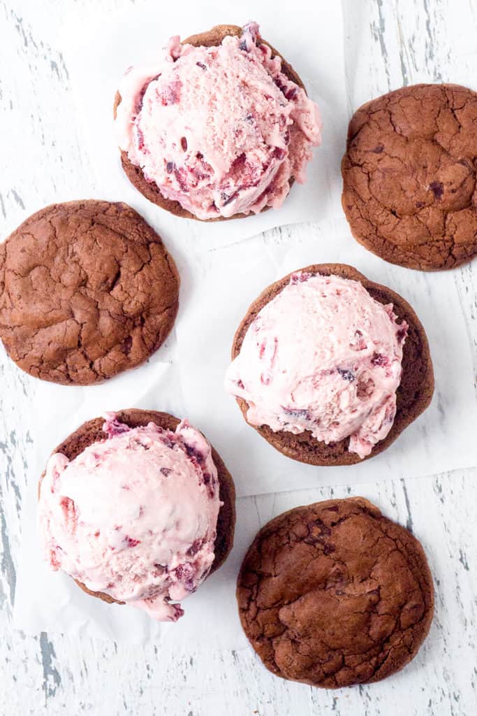 Chewy, Triple Chocolate Cookie and Dreamy Cherry Ice Cream Sandwiches make a wonderfully delicious and decadently indulgent combination!