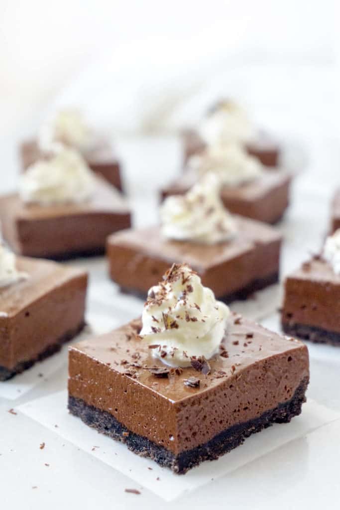 These Dreamy French Silk Pie Bars have a luxuriously dense, mousse-like filling that is incredibly rich and silky smooth with an Oreo cookie crumb crust. 