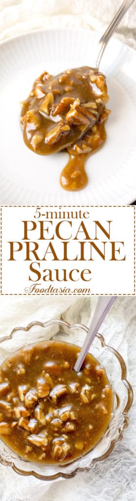 Rich and buttery, this 5 Minute Pecan Praline Sauce is full of pecans and butterscotch-y goodness. It's the perfect topping for ice cream, pancakes, and all of your favorite fall recipes. Fast and easy to make, you can pull it all together in about 5 minutes. 