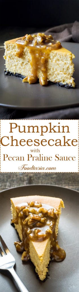 This tall and proud Pumpkin Cheesecake with Pecan Praline Sauce is delicately spiced and fabulously creamy. A fall and Thanksgiving favorite!