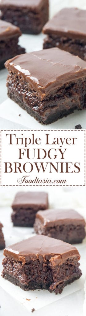 Decadent and irresistible, these are The Ultimate Triple Layer, Fudgy Brownies! Dense, fudgy brownies with an Oreo cookie base and a satiny, chocolate fudge glaze.