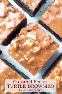Triple-layer Fudgy Caramel Pecan Turtle Brownies - a dense, fudgy brownie on top of an Oreo cookie crust topped with a chewy caramel and pecan topping. #brownies #brownierecipe #easyrecipe #caramel #pecans #desserts #dessertrecipes