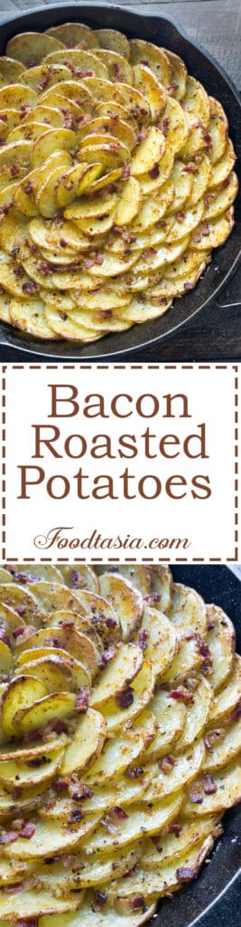 Spiral Roasted Potatoes - Potato slices tossed with lots of garlic, arranged in a vertical spiral for maximum crispness, roasted with bacon tucked into every little crevice. The BEST way to cook potatoes!