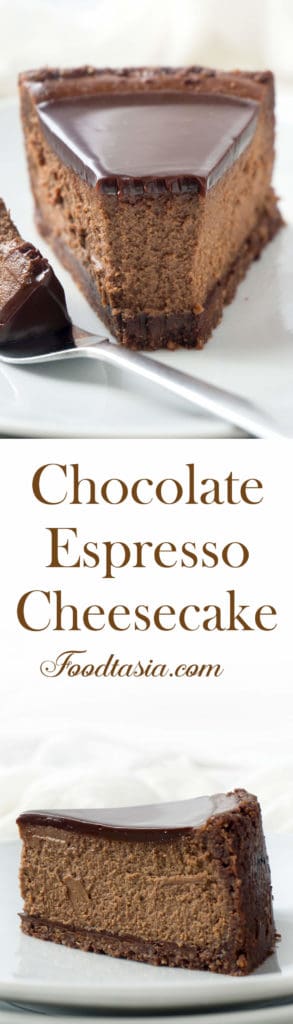Luscious and creamy, this Chocolate Espresso Cheesecake is chocolate heaven - rich chocolate cheesecake with the perfect hint of espresso to deepen and balance the flavor, a pecan and chocolate cookie crust, and topped with chocolate ganache.