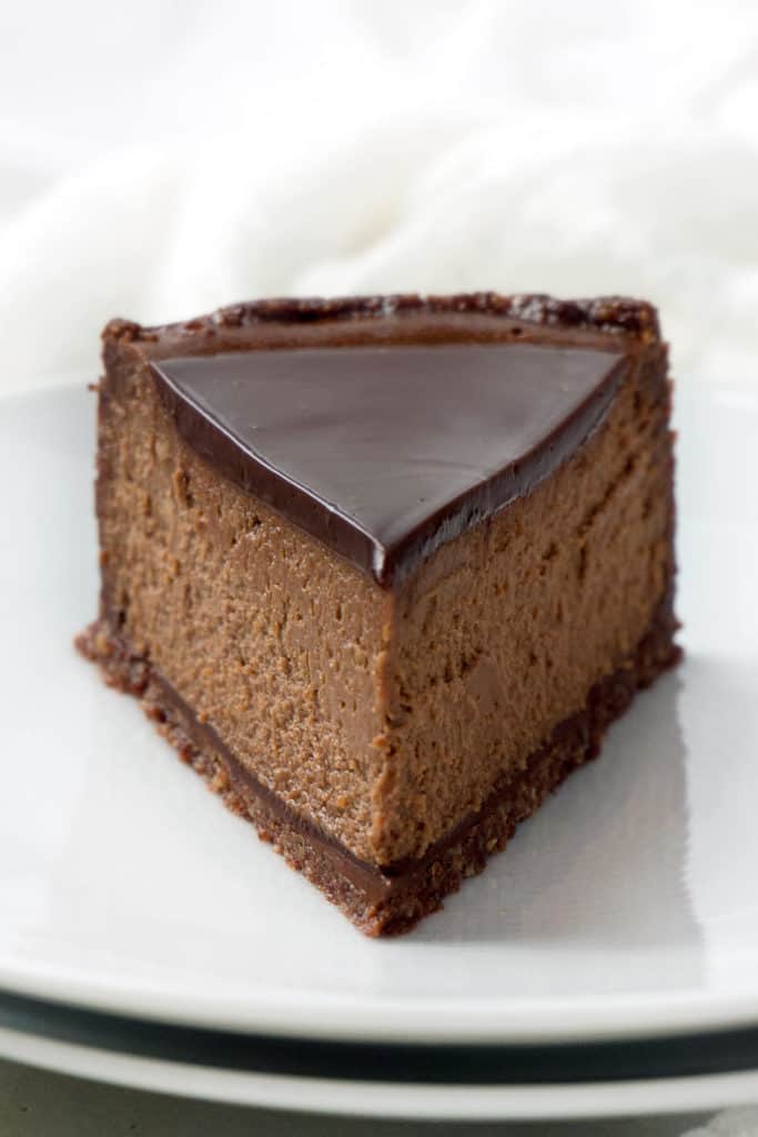 Luscious and creamy, this Chocolate Espresso Cheesecake is chocolate heaven - rich chocolate cheesecake with the perfect hint of espresso to deepen and balance the flavor, a pecan and chocolate cookie crust, and topped with chocolate ganache.