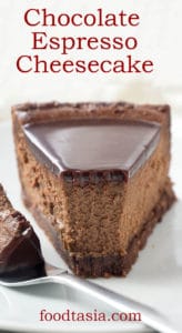 Luscious and creamy, this Chocolate Espresso Cheesecake is chocolate heaven - rich chocolate cheesecake with the perfect hint of espresso to deepen and balance the flavor, a pecan and chocolate cookie crust, and topped with chocolate ganache. #chocolate #chocolatecheesecake #cheesecake #dessert