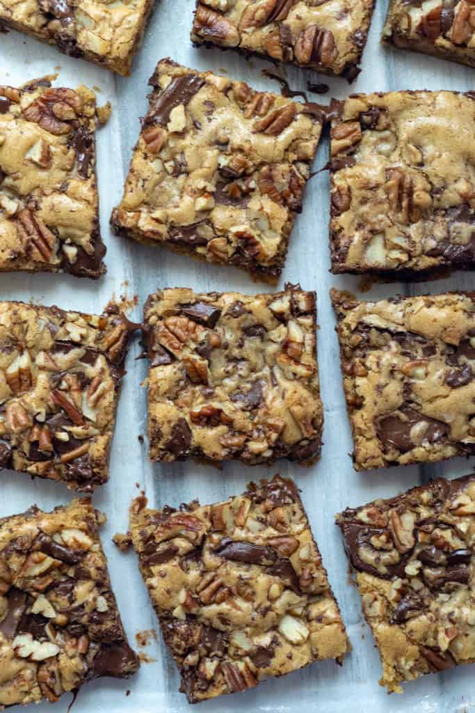 Chewy Chocolate Chunk Blondies are rich and chewy with a hint of butterscotch flavor and packed with chocolate chunks and roasted pecans. Super quick and easy to make, they mix up by hand in just one bowl. A family favorite!
