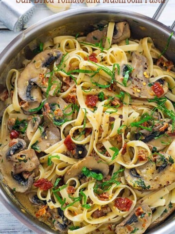 Pasta tossed with sun-dried tomatoes and sautéed mushrooms in a creamy, cheesy sauce fragrant with garlic and basil, this Sun-Dried Tomato and Mushroom Pasta is sure to become a family favorite. Quick and easy to make, it's perfect for a weeknight dinner.