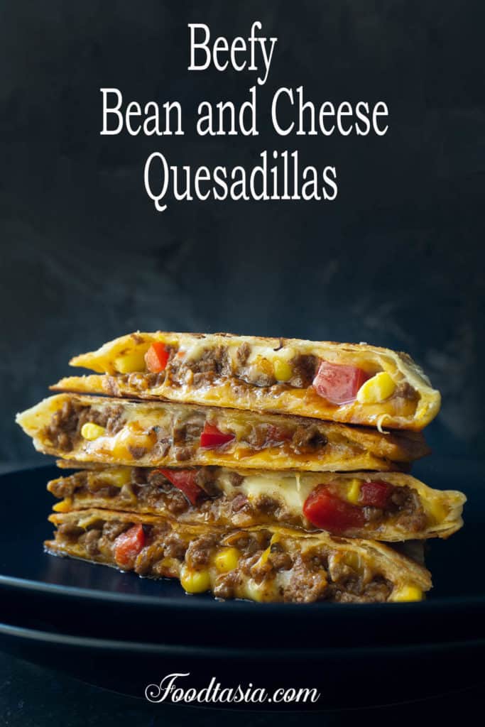A crispy tortilla filled with refried beans, melted cheddar and Monterey jack cheeses, sweet corn, red bell pepper, and juicy, Mexican-spiced ground beef - these Beefy Bean and Cheese Quesadillas are a family favorite. If only restaurant quality was this awesome! Added bonus - they are super quick and easy to make.