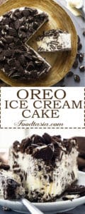 So delicious and super easy! Oreos and vanilla ice cream are a match made in heaven! This Oreo Ice Cream cake has an amazingly delicious Oreo cookie and vanilla ice cream filling, sitting on crunchy Oreo cookie crust, and topped with even more Oreos. Three ingredients, no bake, and you can put it together in just a few minutes. One of my most requested desserts and unbelievably easy to make.