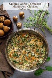 This quick and easy Creamy Garlic Parmesan Mushroom Chicken is so full of flavor, the whole family will love it. Tender, juicy chicken in a creamy sauce fragrant with garlic and parmesan with sautéed mushrooms and baby spinach - so delicious and on the table in 15 minutes. This is one chicken recipe you'll want to make time and time again!