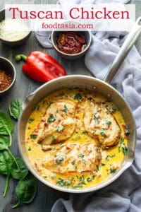 This Creamy Tuscan Chicken with Baby Spinach and Red Pepper is so delicious, so quick, and so easy! Sautéed chicken breasts in a garlicky, parmesan cream sauce studded with sundried tomato, red pepper, and baby spinach. A restaurant quality dish, on the table in under 30 minutes. This is one quick weeknight dinner that the whole family will love. #chicken #chickenrecipes #chickendinner #chickendishes #easy #easyrecipe #easydinner #lowcarb #lowcarbmeals #lowcarbrecipes #keto #ketorecipes