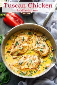 This Creamy Tuscan Chicken with Baby Spinach and Red Pepper is so delicious, so quick, and so easy! Sautéed chicken breasts in a garlicky, parmesan cream sauce studded with sundried tomato, red pepper, and baby spinach. A restaurant quality dish, on the table in under 30 minutes. This is one quick weeknight dinner that the whole family will love. #chicken #chickenrecipes #chickendinner #chickendishes #easy #easyrecipe #easydinner #lowcarb #lowcarbmeals #lowcarbrecipes #keto #ketorecipes