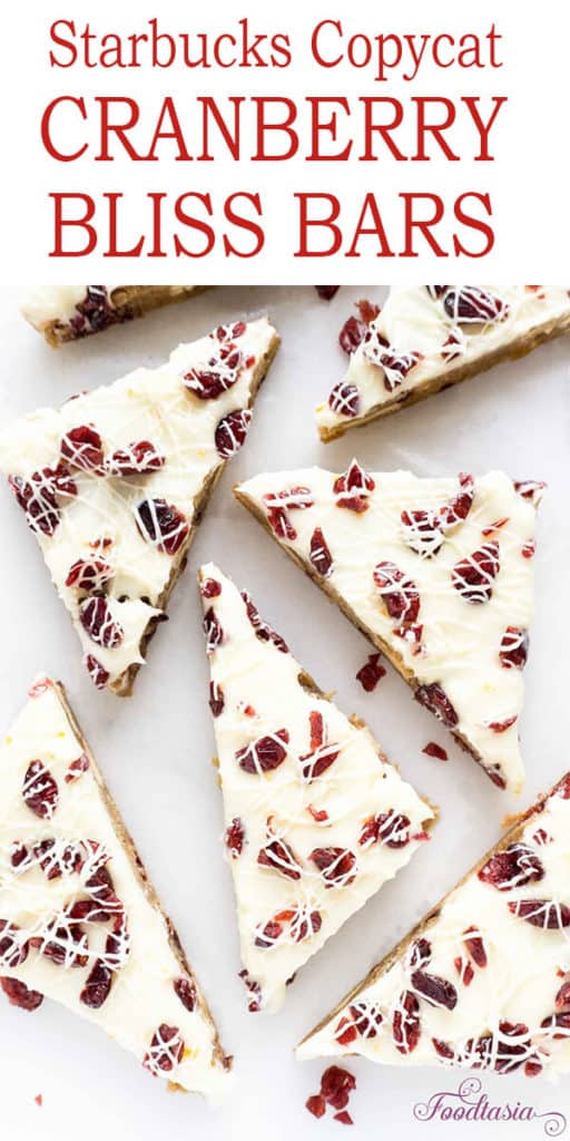 Cranberry Bliss Bars - Starbucks Copycat. Blondies with cranberries, white chocolate, orange, and cream chieese icing. #starbucksrecipes #holiday #holidayrecipes #recipes #blondies #desserts #dessertrecipes #cranberries #cranberry #cranberryrecipes