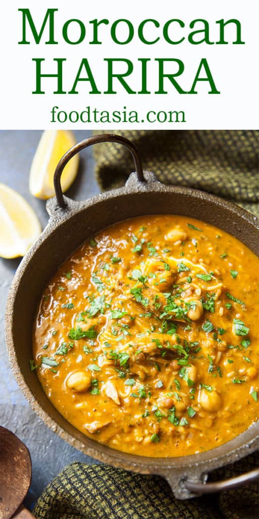 Harira -  Moroccan Lamb and Legume Soup - is loaded with healthy chickpeas, lentils, and vegetables, scented with the exotic flavors of Morocco. #soup #souprecipes #soupinspiration #souprecipeshealthy #healthy #healthyeating #healthyrecipes #middleeastern #middleeasternfood #middleeasternrecipe #arabicfood