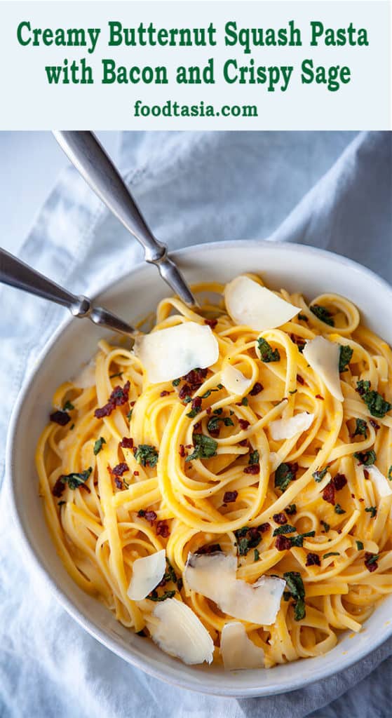 Creamy Butternut Squash Pasta with Bacon and Crispy Sage - the ultimate bowl of comfort to keep you cozy all winter long. Quick, easy, and on the table in under 30 minutes, it’s perfect for a weeknight dinner. #butternutsquash #butternutsquashrecipes #pasta #pastafoodrecipes #recipesfordinner #recipeseasyfast #easy #easydinner #easydinnerrecipes #easydinnerideas