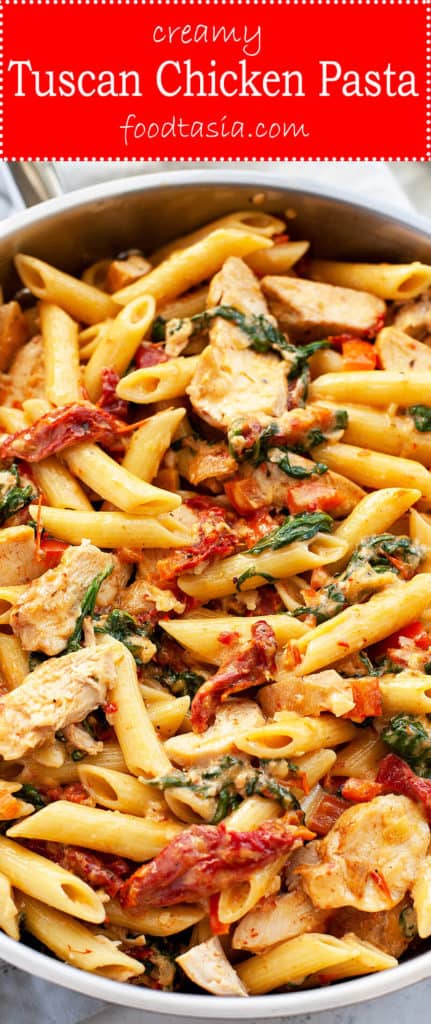 Creamy Tuscan Chicken Pasta is loaded with the flavors of the Mediterranean – sundried tomato, baby spinach, garlic, red pepper, and parmesan. It’s super quick and easy. A restaurant quality dish on the table in under 30 minutes. #pasta #recipe #recipeeasyfast #chicken #chickenrecipes #chickendinner #chickendishes #easy #easyrecipe #easydinner