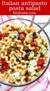 Everyone loves this Easy Italian Antipasto Pasta Salad! It’s filled with the delicious flavors of your favorite Italian antipasto tossed with a homemade dressing. My go-to recipe for a quick meal, picnic, or potluck. #pasta #salad #Italian #antipasto #artichoke #marinated #redpepper #picnic #potluck #easy #quick #recipe #dinner