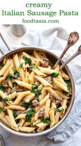 Creamy Italian Sausage Pasta - pasta with sausage and spinach in the creamiest, garlicky parmesan sauce. Pure comfort food on the table in under 30 minutes! #pasta #recipe #easy #quick #under30minutes #easydinner #easyrecipes #sausage #creamy #weeknight #datenight 