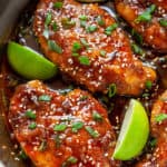 You’re going to love these 15-minute, Honey Sriracha Chicken Breasts! Juicy chicken breasts in the most epic honey sriracha sauce. This sauce is liquid gold! #chicken #chickenbreasts #dinner #easy #quick #recipe #15minutes #under30minutes #easyrecipe #sriracha