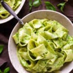 Pappardelle with Creamy Ricotta Pesto – pappardelle pasta in a creamy, garlicky pesto sauce infused with ricotta. Who would have thought that pesto could get any better? #pesto #pasta #pappardelle #italian #easy #quick #dinner #ricotta #sauce
