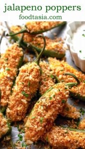 Jalapeno Poppers are a game day favorite! Fresh jalapenos filled with a creamy cheese and bacon filling, topped with crispy panko, and baked to golden-brown crispy perfection. #jalapeno popper #recipe #easy #baked #bacon #video #cheddar #cream cheese #vegetarian #best #stuffed #oven #healthy #appetizers #party #game day