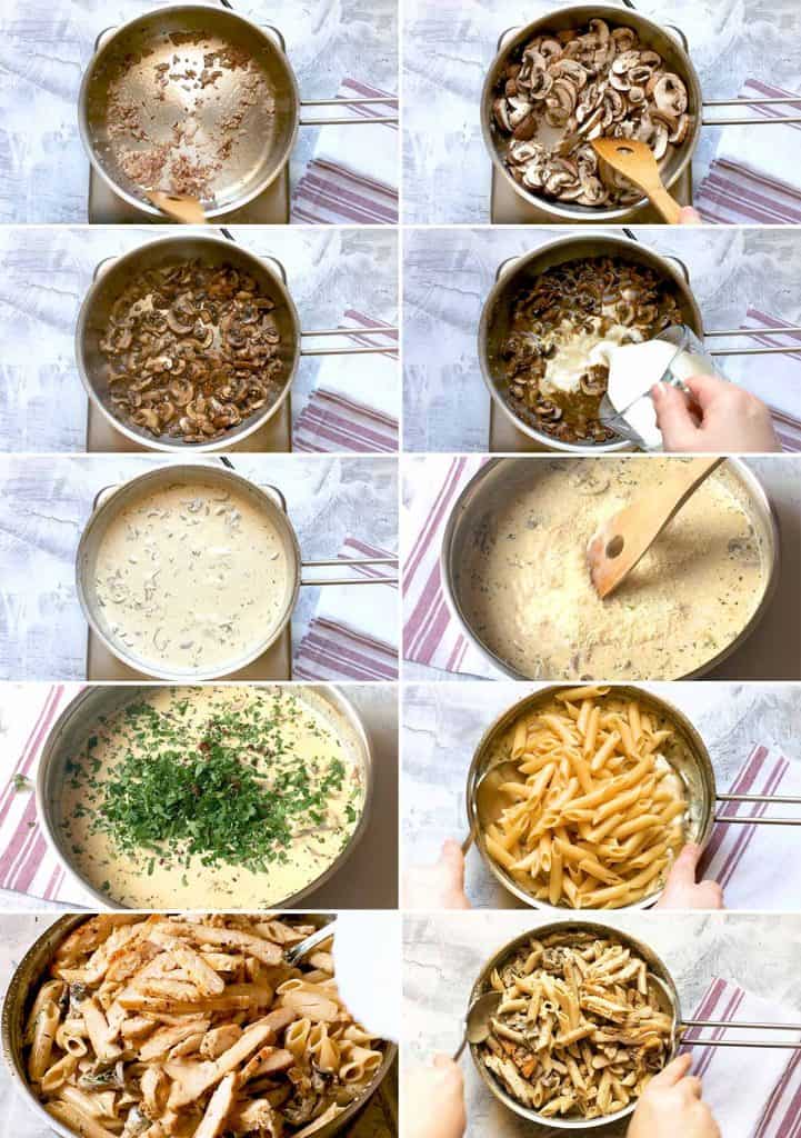 Chicken Bacon Mushroom Pasta in a creamy, garlicky parmesan sauce. A quick and easy pasta dish that the whole family will love. Ready in under 30 minutes.