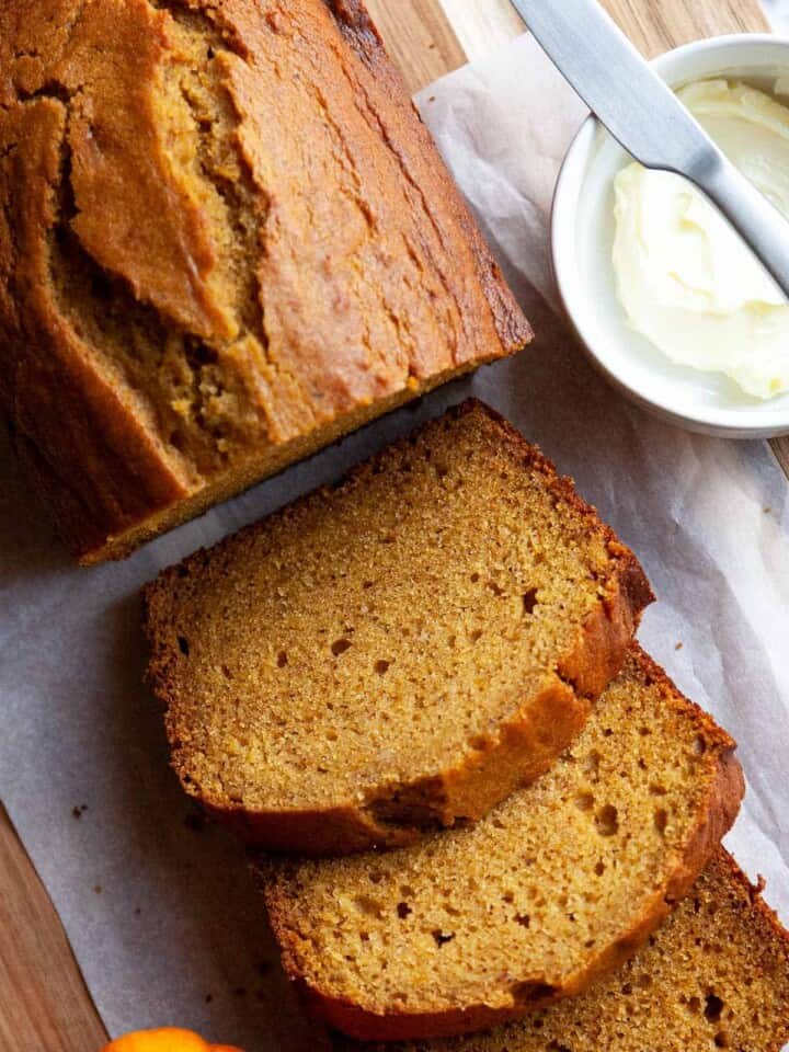 The BEST Pumpkin Bread I’ve ever had! It’s ultra-moist with a perfectly soft and tender crumb. A touch of warm spices lets the pumpkin flavor really shine through. A favorite fall recipe!