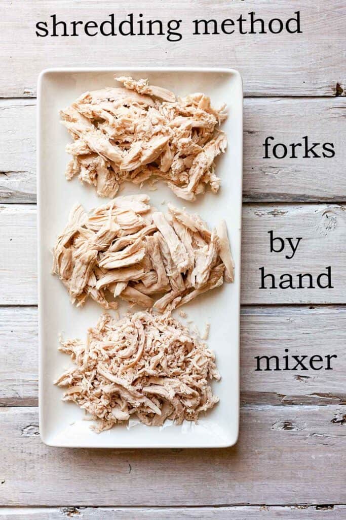 comparing the texture of shredding chicken by hand, with forks, and with mixer