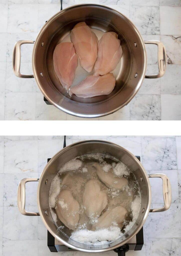 Poaching chicken in pan of water