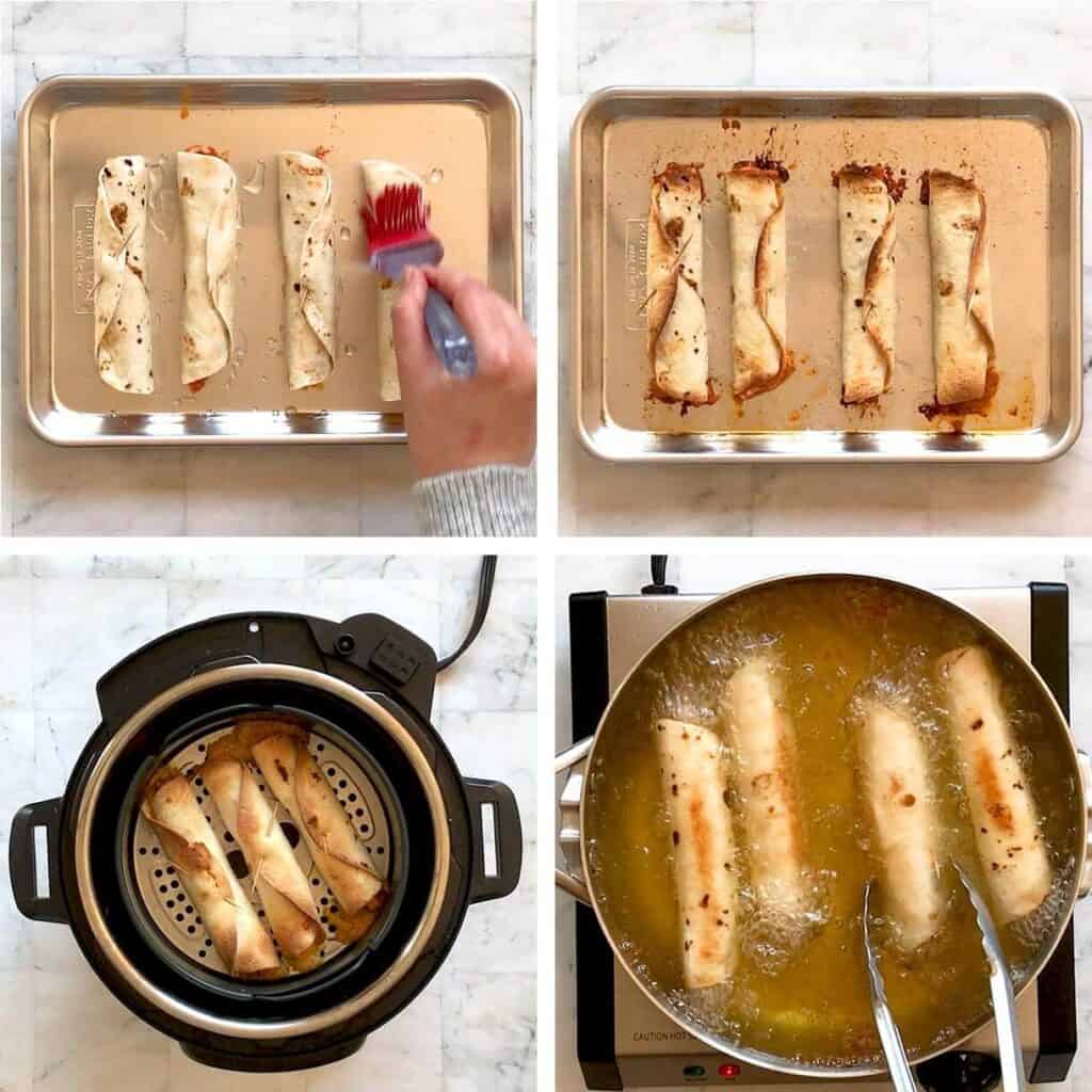 steps showing how to cook flautas - bake, air fry, or fry