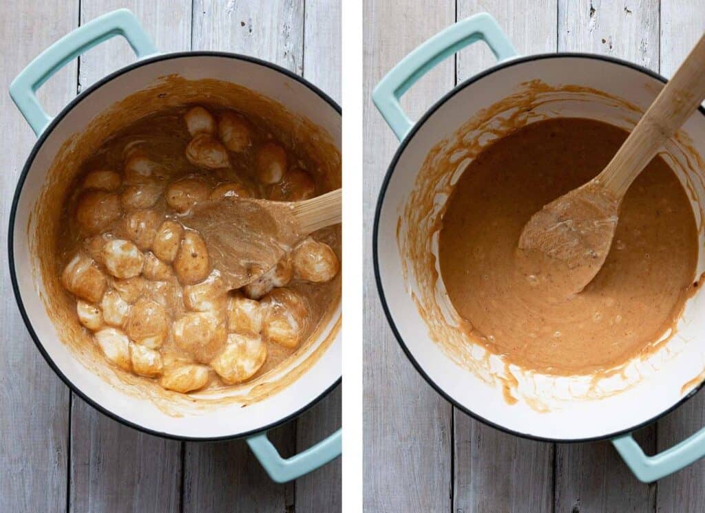 two photos showing the melting of the butter, marshmallows, and peanut butter