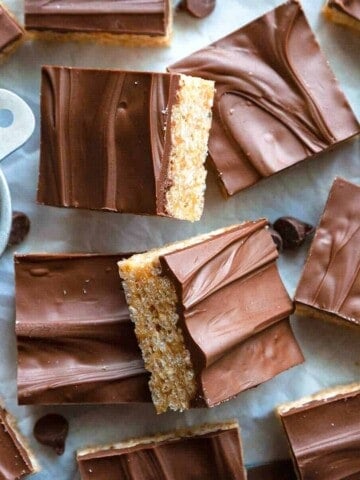 chocolate covered rice krispie treats cut into bars
