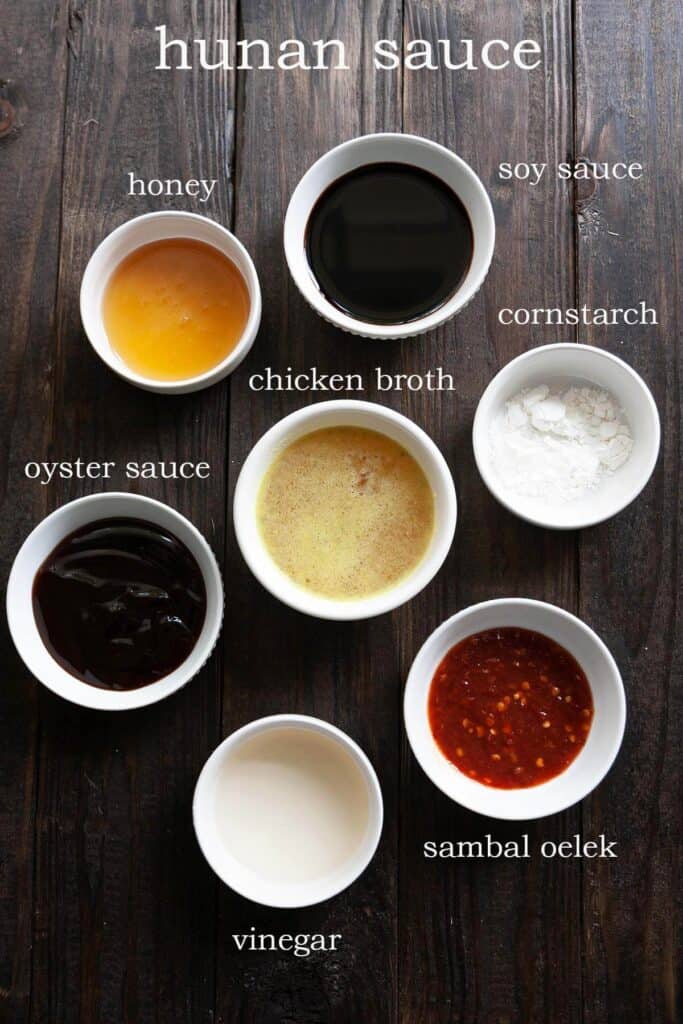 Hunan sauce ingredients: soy sauce, honey, oyster sauce, sambal oelek chili paste, cornstarch, chicken broth, rice vinegar