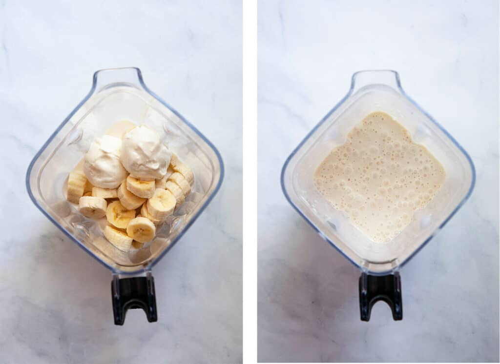 two photos showing the steps for making a banana milkshake. One has the unblended ingredients, the other has the blended shake.