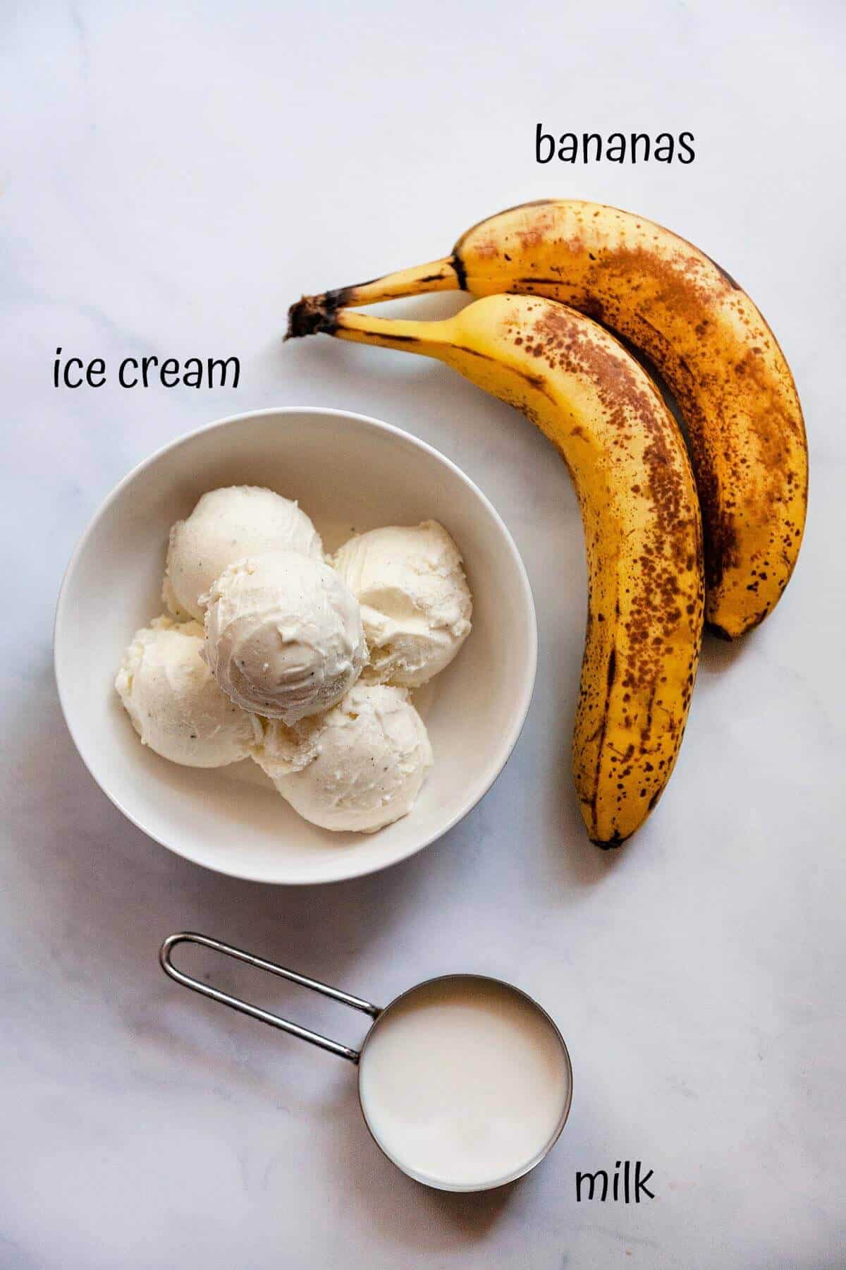 ingredients for banana milkshake: ice cream, bananas, milk